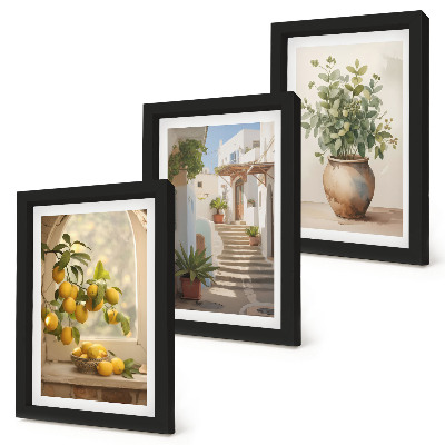 Lot de 3 tableaux Citrons dans un vase et plantes dans une architecture blanche