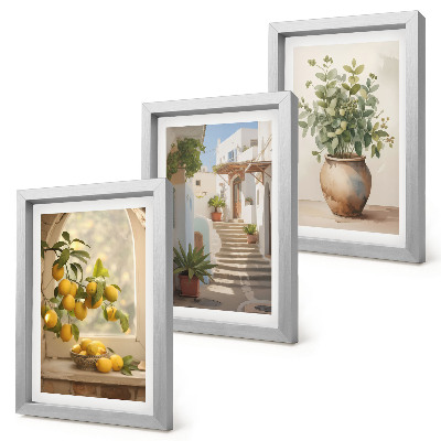 Lot de 3 tableaux Citrons dans un vase et plantes dans une architecture blanche