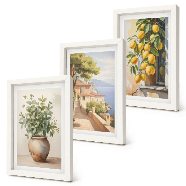 Ensemble de 3 tableaux Des fleurs dans un vase avec vue sur la mer et des citrons