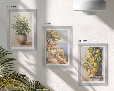 Ensemble de 3 tableaux Des fleurs dans un vase avec vue sur la mer et des citrons