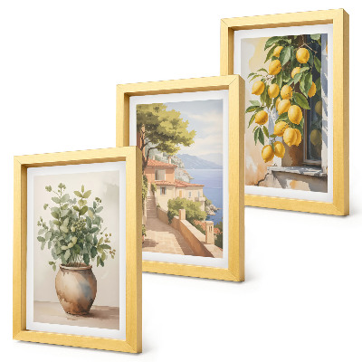 Ensemble de 3 tableaux Des fleurs dans un vase avec vue sur la mer et des citrons