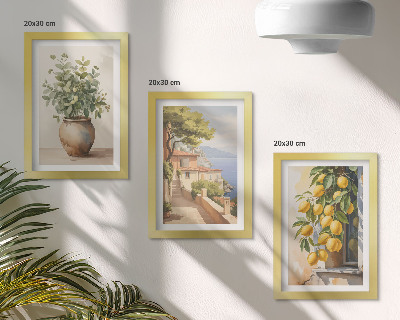 Ensemble de 3 tableaux Des fleurs dans un vase avec vue sur la mer et des citrons