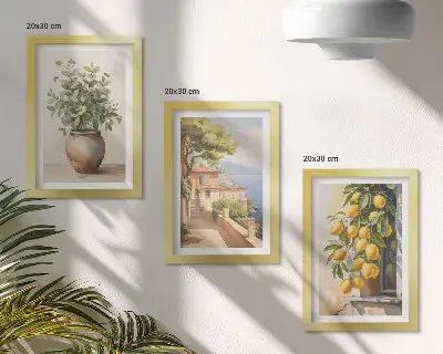 Ensemble de 3 tableaux représentant des fleurs dans un vase avec vue sur la mer et des citrons