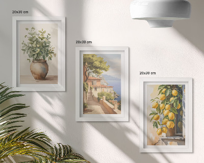 Ensemble de 3 tableaux Des fleurs dans un vase avec vue sur la mer et des citrons