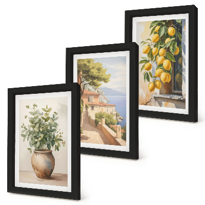 Ensemble de 3 tableaux Des fleurs dans un vase avec vue sur la mer et des citrons