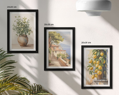 Ensemble de 3 tableaux Des fleurs dans un vase avec vue sur la mer et des citrons