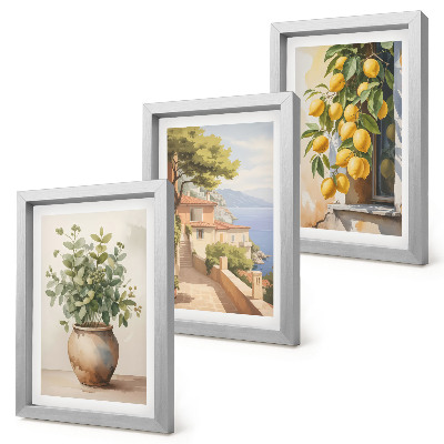 Ensemble de 3 tableaux Des fleurs dans un vase avec vue sur la mer et des citrons