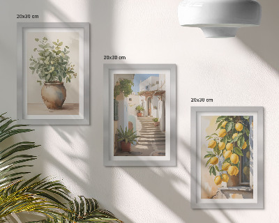 Lot de 3 tableaux Plantes en pot et citrons sur fond de rue