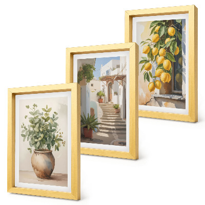 Lot de 3 tableaux Plantes en pot et citrons sur fond de rue