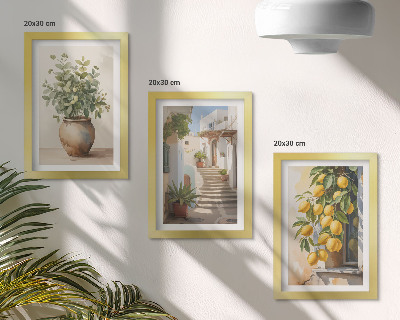 Lot de 3 tableaux Plantes en pot et citrons sur fond de rue