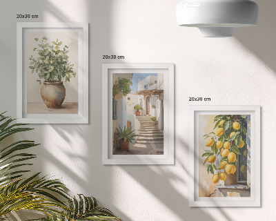 Lot de 3 tableaux Plantes en pot et citrons sur fond de rue