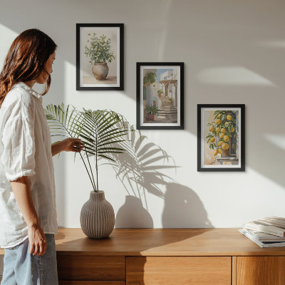 Lot de 3 tableaux Plantes en pot et citrons sur fond de rue