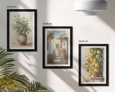 Lot de 3 tableaux Plantes en pot et citrons sur fond de rue