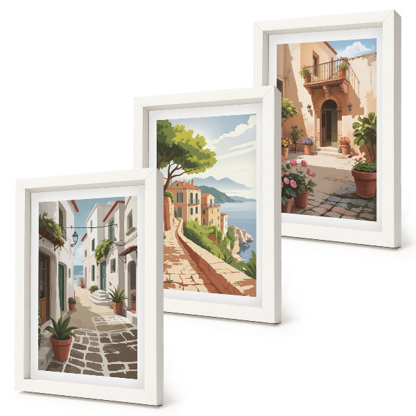 Ensemble de 3 tableaux Rues pittoresques bordées de maisons et de plantes en pot