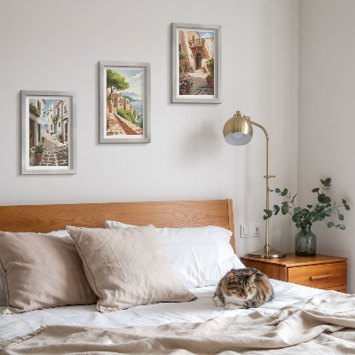Ensemble de 3 tableaux Rues pittoresques bordées de maisons et de plantes en pot