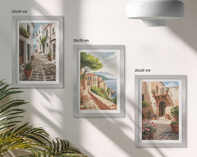 Ensemble de 3 tableaux Rues pittoresques bordées de maisons et de plantes en pot