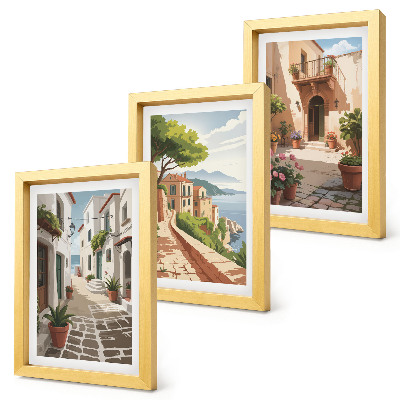 Ensemble de 3 tableaux Rues pittoresques bordées de maisons et de plantes en pot