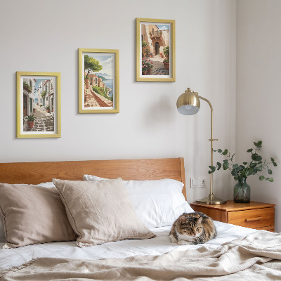 Ensemble de 3 tableaux Rues pittoresques bordées de maisons et de plantes en pot