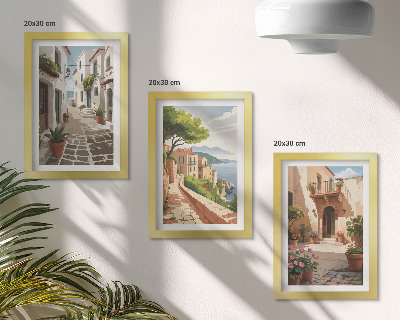 Ensemble de 3 tableaux Rues pittoresques bordées de maisons et de plantes en pot