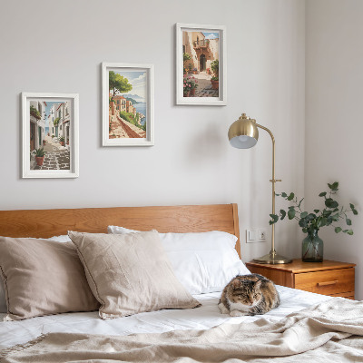 Ensemble de 3 tableaux Rues pittoresques bordées de maisons et de plantes en pot