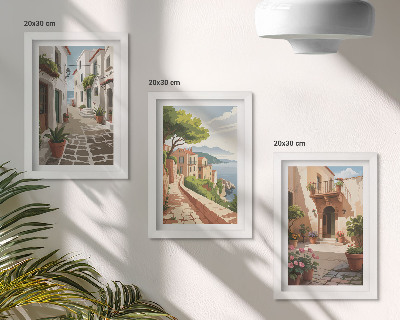 Ensemble de 3 tableaux Rues pittoresques bordées de maisons et de plantes en pot