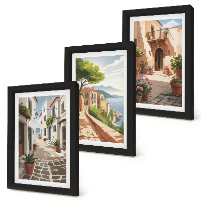 Ensemble de 3 tableaux Rues pittoresques bordées de maisons et de plantes en pot
