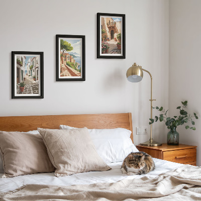 Ensemble de 3 tableaux Rues pittoresques bordées de maisons et de plantes en pot