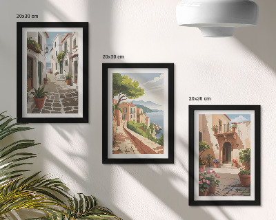 Ensemble de 3 tableaux Rues pittoresques bordées de maisons et de plantes en pot