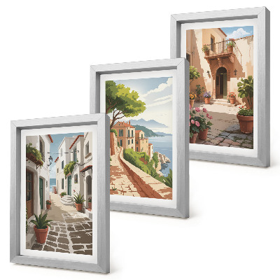 Ensemble de 3 tableaux Rues pittoresques bordées de maisons et de plantes en pot
