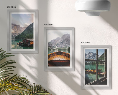 Mur de cadres Lac de montagne avec un bateau et des maisons en bois