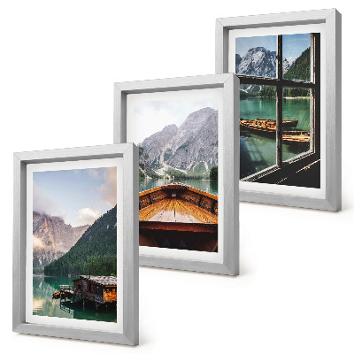 Mur de cadres Lac de montagne avec un bateau et des maisons en bois