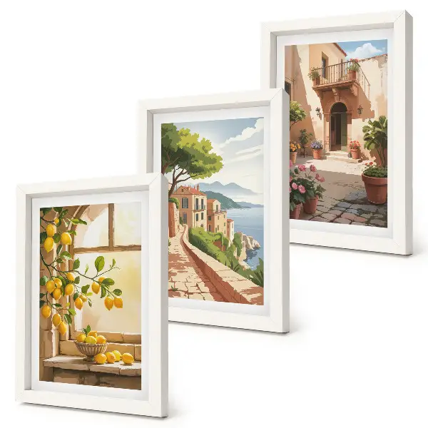 Lot de 3 tableaux représentant des agrumes dans une cuisine avec vue sur la mer et une ville charmante