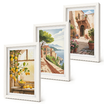 Lot de 3 tableaux Des agrumes dans la cuisine avec vue sur la mer et la charmante ville