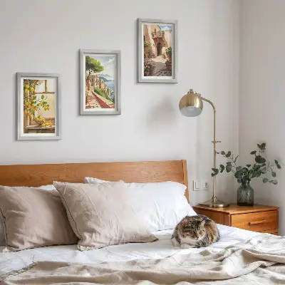 Lot de 3 tableaux représentant des agrumes dans une cuisine avec vue sur la mer et une ville charmante