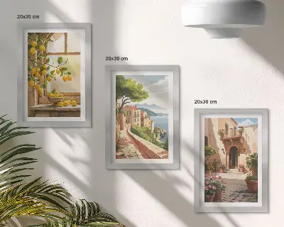 Lot de 3 tableaux représentant des agrumes dans une cuisine avec vue sur la mer et une ville charmante