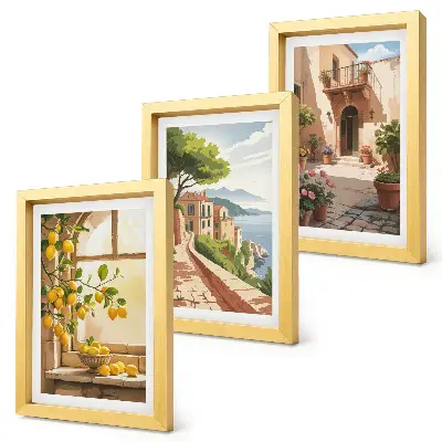 Lot de 3 tableaux représentant des agrumes dans une cuisine avec vue sur la mer et une ville charmante