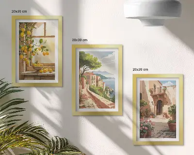 Lot de 3 tableaux représentant des agrumes dans une cuisine avec vue sur la mer et une ville charmante