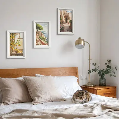 Lot de 3 tableaux représentant des agrumes dans une cuisine avec vue sur la mer et une ville charmante