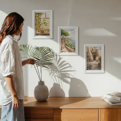 Lot de 3 tableaux représentant des agrumes dans une cuisine avec vue sur la mer et une ville charmante