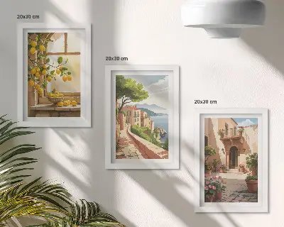 Lot de 3 tableaux représentant des agrumes dans une cuisine avec vue sur la mer et une ville charmante