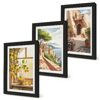 Lot de 3 tableaux représentant des agrumes dans une cuisine avec vue sur la mer et une ville charmante