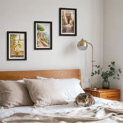Lot de 3 tableaux représentant des agrumes dans une cuisine avec vue sur la mer et une ville charmante
