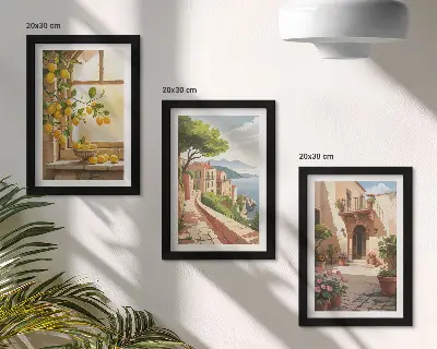 Lot de 3 tableaux représentant des agrumes dans une cuisine avec vue sur la mer et une ville charmante