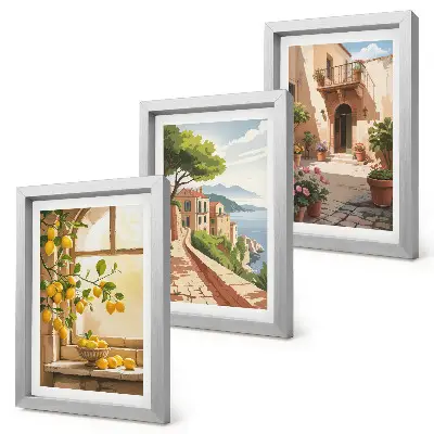 Lot de 3 tableaux représentant des agrumes dans une cuisine avec vue sur la mer et une ville charmante