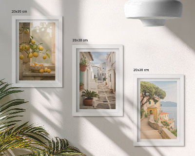 Ensemble de 3 tableaux Vue sur un agrume depuis la fenêtre et architecture du bord de mer