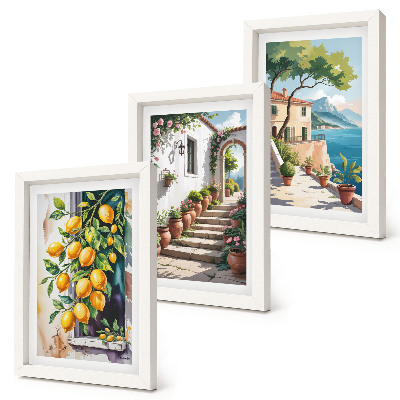 Mur de cadres Citrons sur fond de fleurs et de vues sur la mer