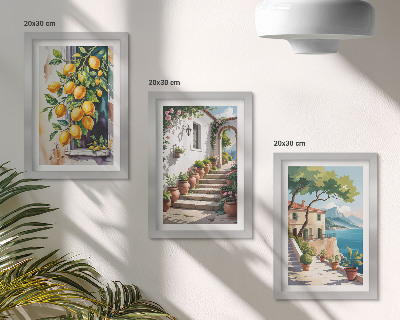 Mur de cadres Citrons sur fond de fleurs et de vues sur la mer
