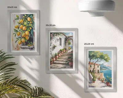 Mur de cadres représentant des citrons sur un fond de fleurs et de vue sur la mer