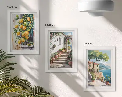 Mur de cadres représentant des citrons sur un fond de fleurs et de vue sur la mer