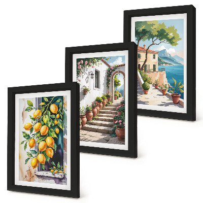 Mur de cadres Citrons sur fond de fleurs et de vues sur la mer